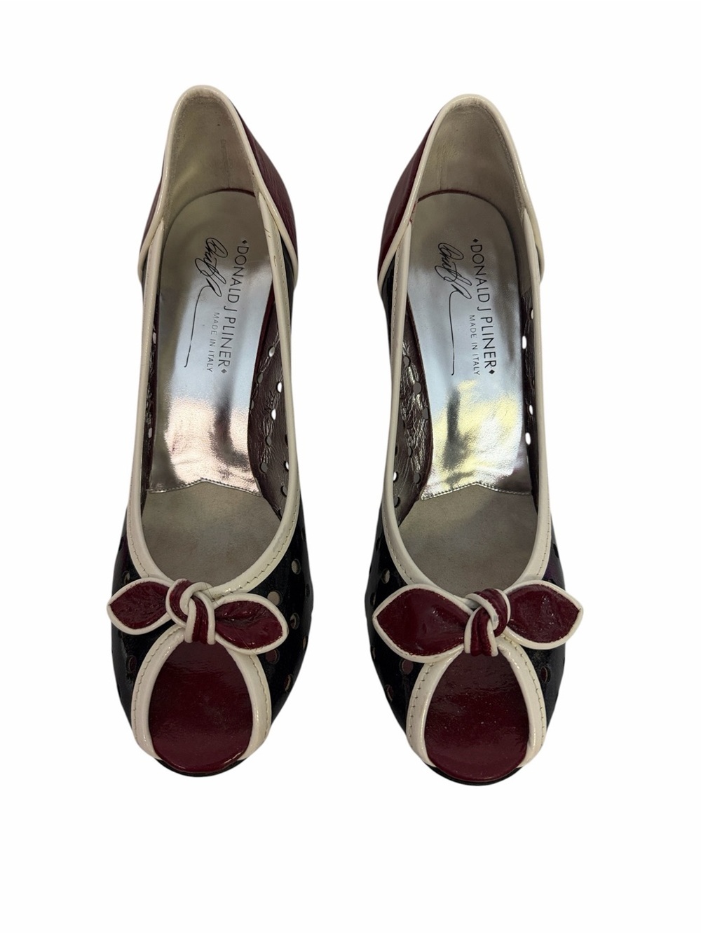 Donald J. Pliner Burgundy and Cream Bow Peep-Toe Heels